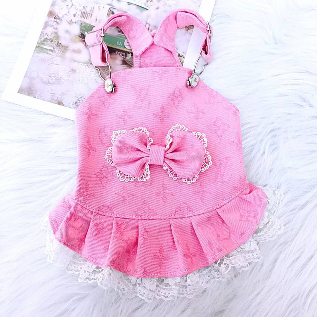 Pink bow denim overall dress