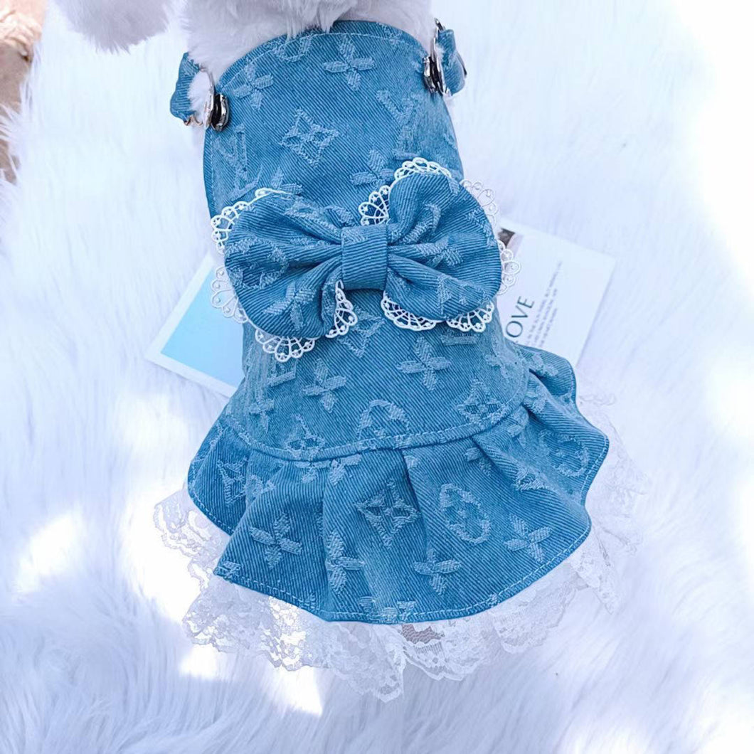 Blue bow denim overall dress